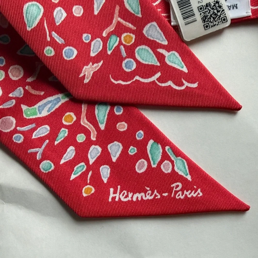 Brand New Hermes Red Silk Scarf with Blue and White Accents - Picture 3 of 8